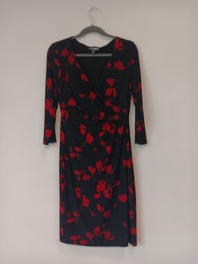 Lauren Ralph Lauren Black & Red Floral Faux Wrap Midi Dress – Size 8